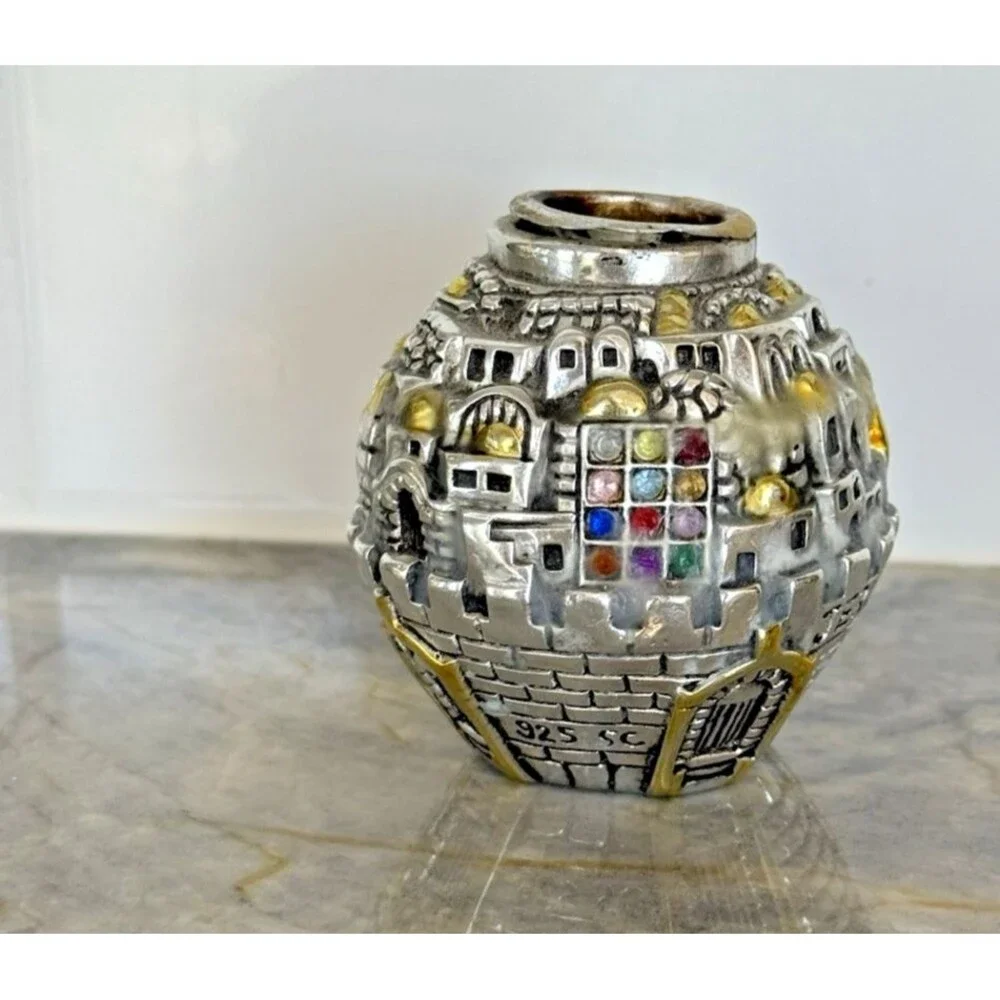 Vintage 925‎ Sterling Silver Gold Plated Jerusalem Cityscape Candlestick Holder
